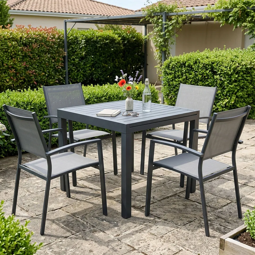 Gartenmöbel: Tisch TOLEDE 90 180 und 4 Sessel ANTIBES in Grau