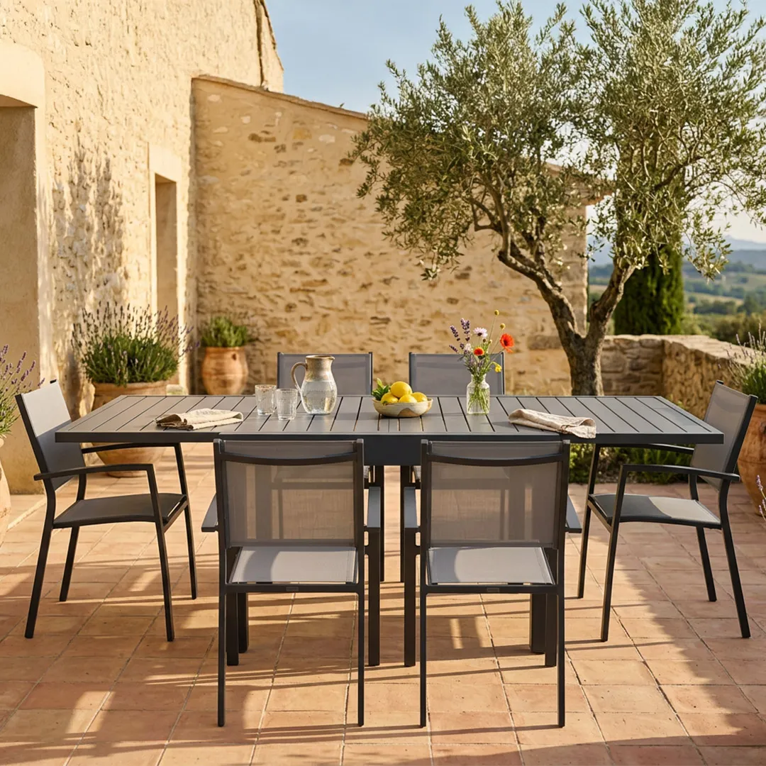 Gartenmöbel: Tisch TOLEDE 90 180 und 6 Sessel ANTIBES grau