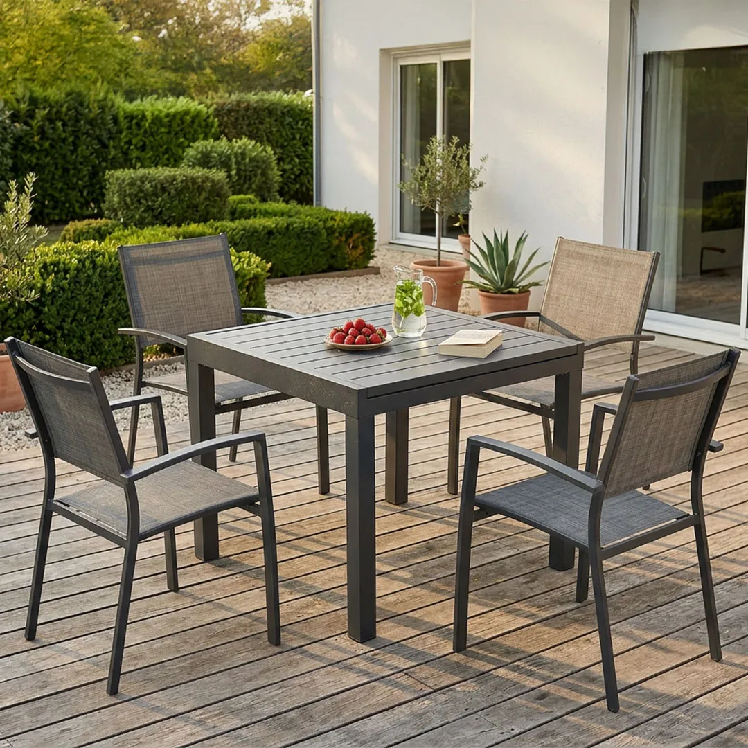 Gartenmöbel: Tisch TOLEDE 90 180 und 4 Sessel ANTALYA Taupe