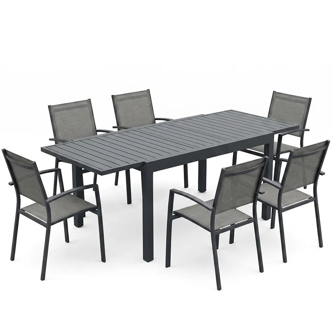 Gartenmöbel: Tisch TOLEDE 90 180 und 6 Sessel ANTALYA Taupe