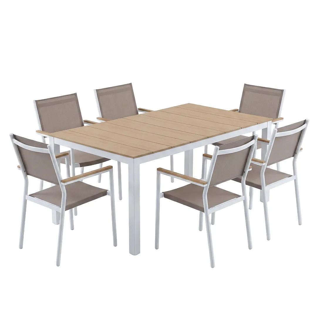 Salon de jardin ROMA aluminium blanc et 6 fauteuils blanc et taupe
