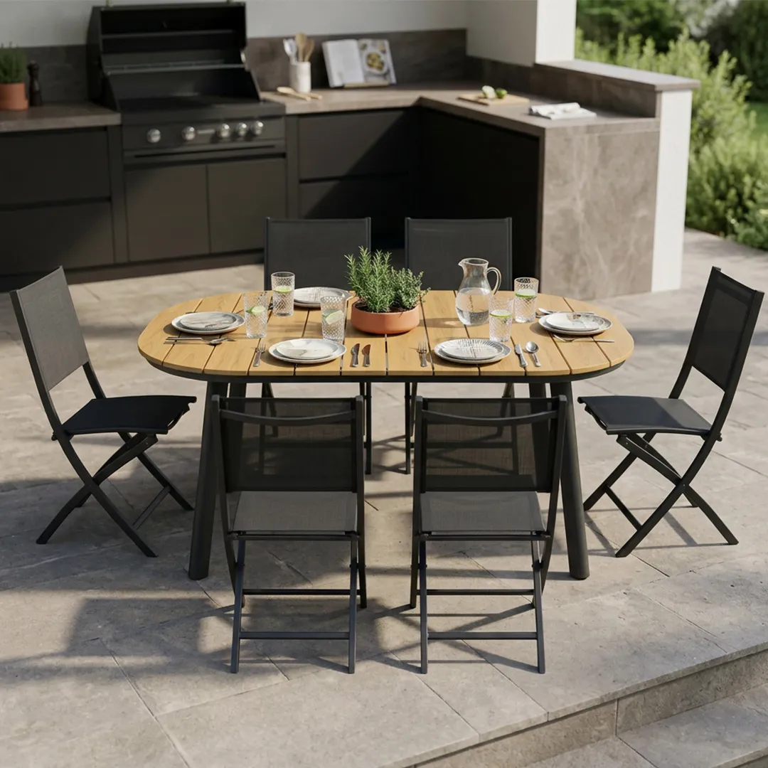 Gartenmöbel: Tisch CALYPSO 150 cm und 6 Stühle ELO